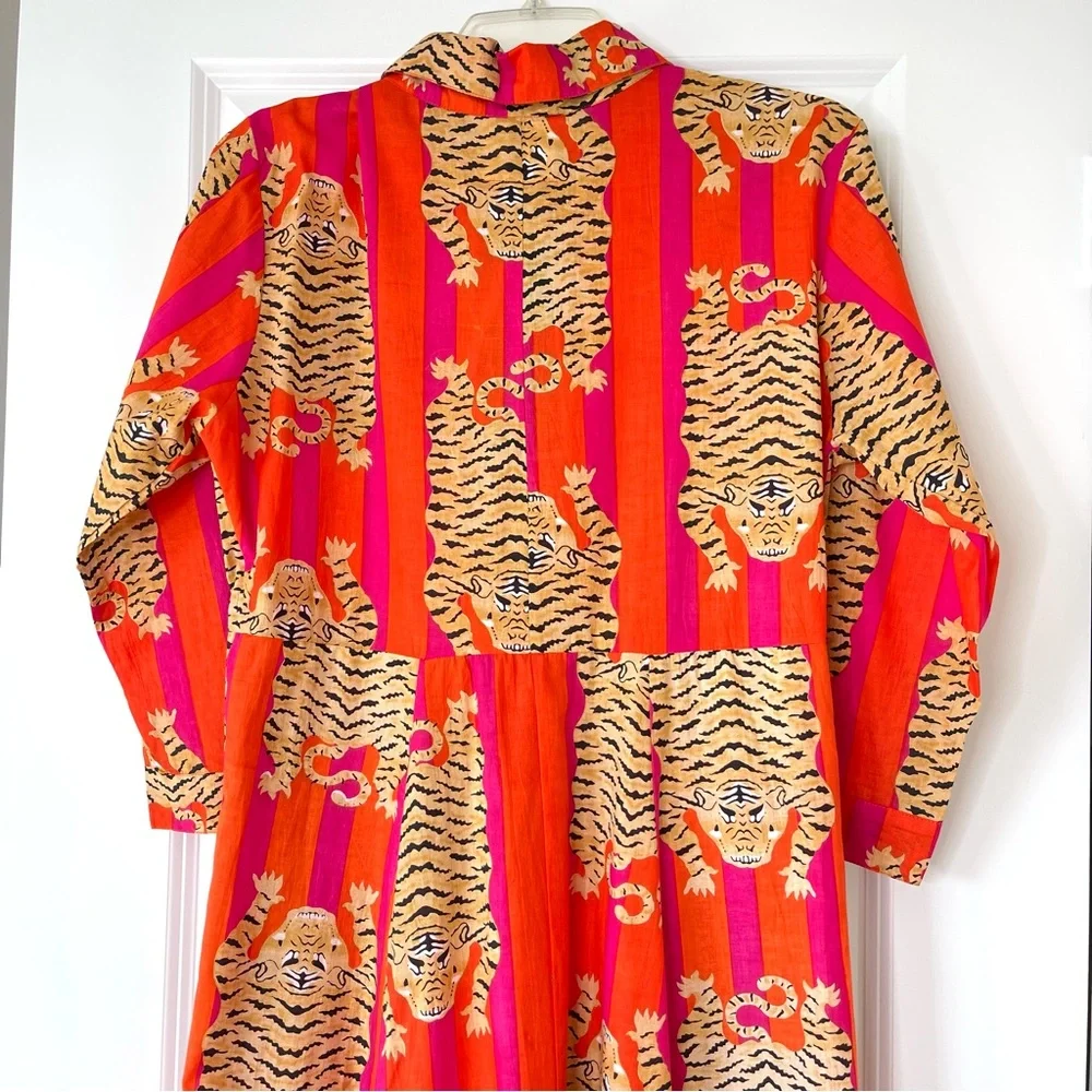 Guadalupe Luciana Tibet Tiger Stripes Hand Block Print Pure Indian Cotton Dress - Picture 8 of 16